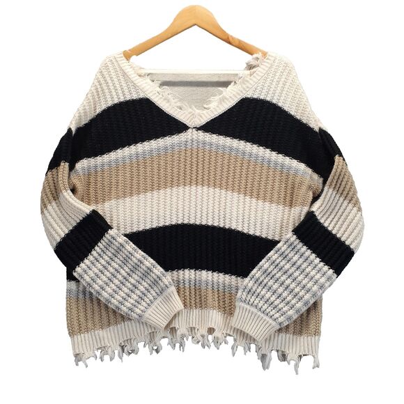 Rue21 Sweaters - Rue 21 Sweater Women Sz M Black Brown Striped Distressed Hem V-Neck Oversized